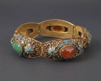 Vintage Chinese Export Silver Filigree Enamel Carnelian and Jadeite Bracelet second image