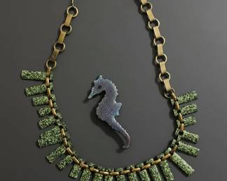 Vintage Seahorse Brooch and Green Enamel Collar Necklace Set second image