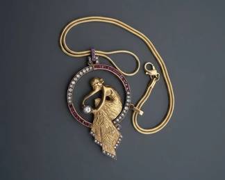 K Gold Horse Motif Pendant with Ruby and Diamond Accents on Chain