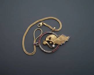 K Gold Horse Motif Pendant with Ruby and Diamond Accents on Chain