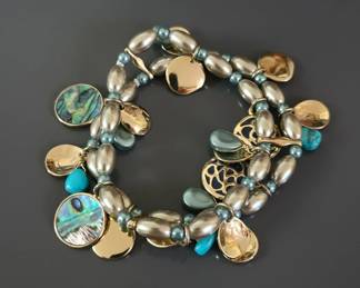 MultiCharm Stretch Bracelet with Faux Pearls, Abalone Shell, and Turquoise Accents second image