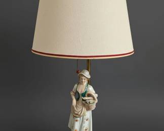 Vintage Porcelain Figurine Lamp Woman with Basket