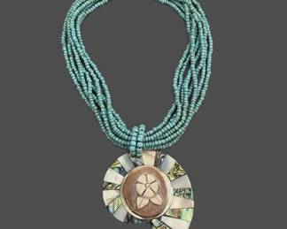Santo Domingo Turquoise and Shell Heishi Necklace with Inlaid Pendant second image