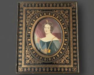 Antique HandPainted Portrait Miniature of a Woman in Ornate Black and Gold Frame