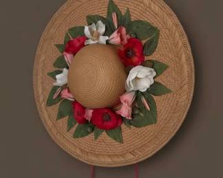 Vintage Floral Straw Hat Wall Hanging
