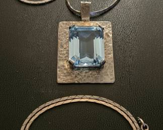 Hammered Sterling Silver and Blue Topaz Pendant Necklace second image