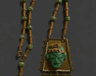 Vintage Mexican Copper Brass Green Stone Mask Necklace second image