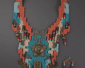 Tibetan Turquoise and Coral Beaded Necklace and Earring Set third image