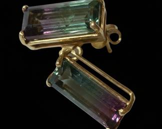 Watermelon Tourmaline Baguette Earrings in K Yellow Gold