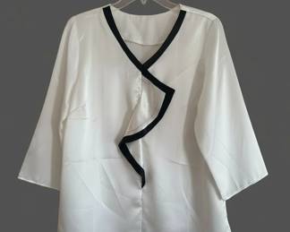 Vintage White Satin Wrap Blouse With Black Contrast Trim