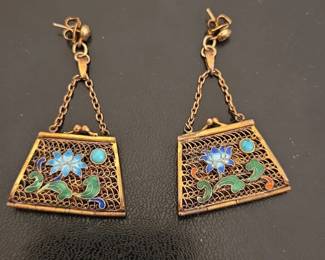 Vintage Chinese Export Filigree Enamel Purse Earrings