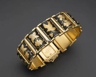 Vintage Damascene Jewelry Suite Bracelet, Brooch, Ring  Bird and Floral Motif second image