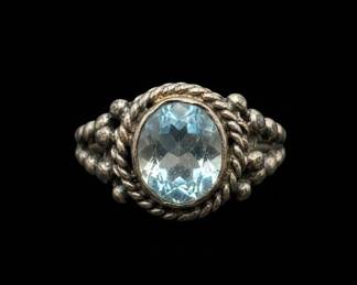 Vintage Sterling Silver Blue Topaz Rope and Bead Ring