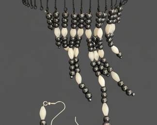 Vintage Black and White Beaded Fringe Choker and Earring Set second image