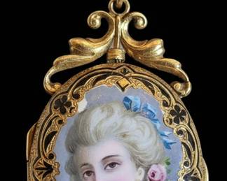 VictorianStyle Portrait Locket Pendant with Enamel Accents