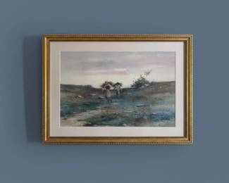 Watercolor Painting of Peasant Figures with Brushwood, signed R. L. Johnston