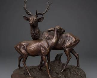 Alfred Dubucand Bronze Stag and Doe Sculpture