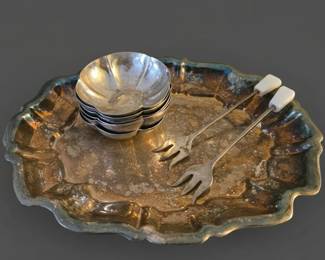 Vintage SilverPlated Serving Tray with Nut Dishes and Cocktail Forks second image