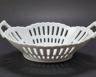 Vintage White Porcelain Reticulated Basket with Scalloped Edge and Loop Handles second image