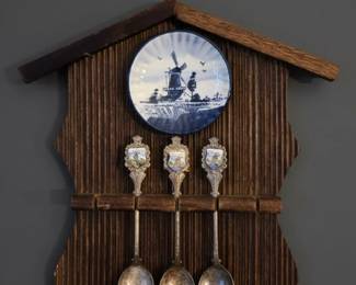 Vintage Dutch Pewter Spoon Set with Wooden Rack second image