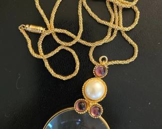 Vintage GoldTone Magnifying Glass Pendant Necklace with Faux Pearl and Purple Cabochons second image