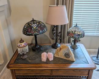 Vintage Stained Glass Lamps, Stone Coffee Table