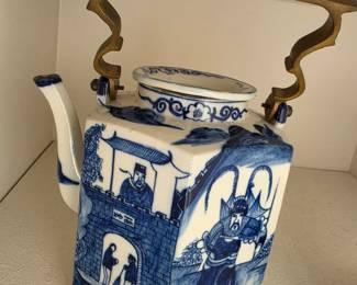 Vintage Chinese Export-Style Hexagonal Blue and White Porcelain Teapot with Brass Handle