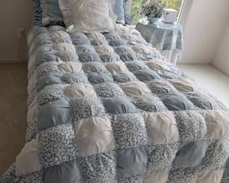 Handmade Blue and White Patchwork Puff Quilt with Ruffled Eyelet Trim