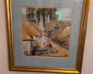 Vintage English Countryside Thatched Cottage Watercolor Painting by Alfred Leyman