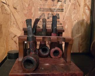 Vintage Wooden Tobacco Pipe Rack with Four Estate Pipes