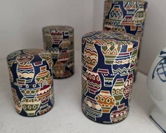 Set of 3 Decorative Cylindrical Canisters with Pottery Motif