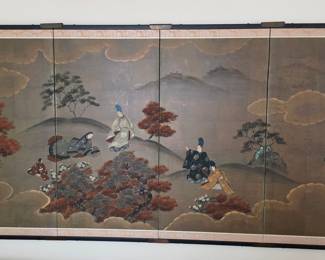 Vintage Japanese Four-Panel Byobu Folding Screen Depicting Courtly Scene