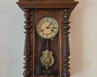 Antique German Walnut Wall Regulator Clock with Lion Mask and Rooster Pendulum
