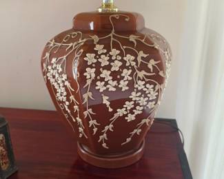 Vintage Brown Ceramic Ginger Jar Lamp with Raised Floral Relief