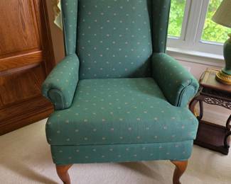 Traditional Green Floral Wingback Chair with Queen Anne Legs
