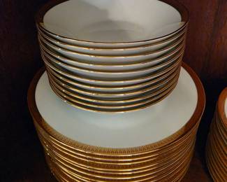 Vintage Porcelain Dinnerware Set with Gold Geometric Border - Lenox 'Tuxedo Gold'