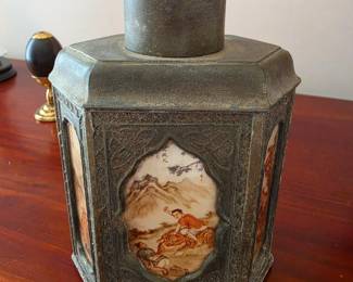 Antique Chinese Hexagonal Pewter Tea Caddy with Reverse Painted Glass Panels
