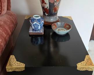 Vintage Black Lacquered Chinoiserie Campaign-Style End Table