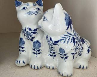 Vintage Blue and White Porcelain Siamese Cat Figurines