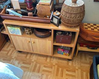 wooden rolling storage with cubies and doors 