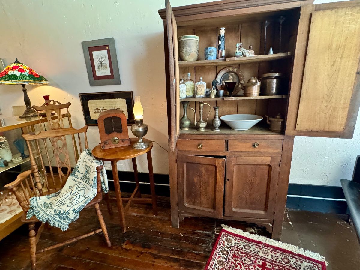 Primitive Cabinet, Windsor Chair, Antique Radio, Tiffany Style Lamp
