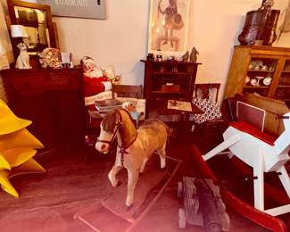 Antique rocking horse with real hid and horsehair, wood, corner chest & secretary's desk
