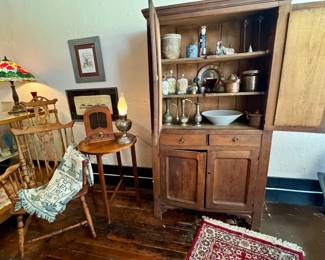 Primitive Cabinet, Windsor Chair, Antique Radio, Tiffany Style Lamp