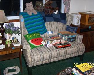 Wingback love seat, Mersman end table, Crosley record player