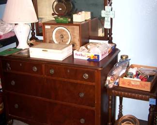 Matching dresser w/ mirror, Zenith table radio, sewing items