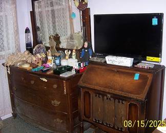 Antique dresser w/ mirror, old radio cabinet, new TV