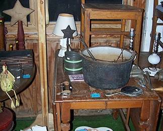Two drop leaf tables, primitives, decorative items