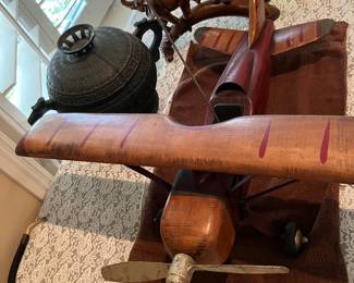 Large Vintage Handcrafted Carved Wood Biplane Model – 26” Wingspan