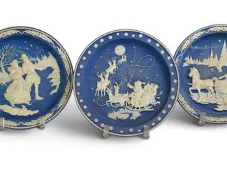 Vintage Blue White Christmas Collector Plates Set of 3 Santa, Angel Holiday Scenes