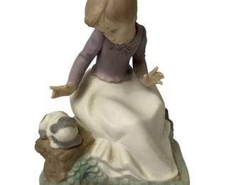 Vintage Porcelain Figurine Woman in Dress with Cat Bow Handmade in Spain